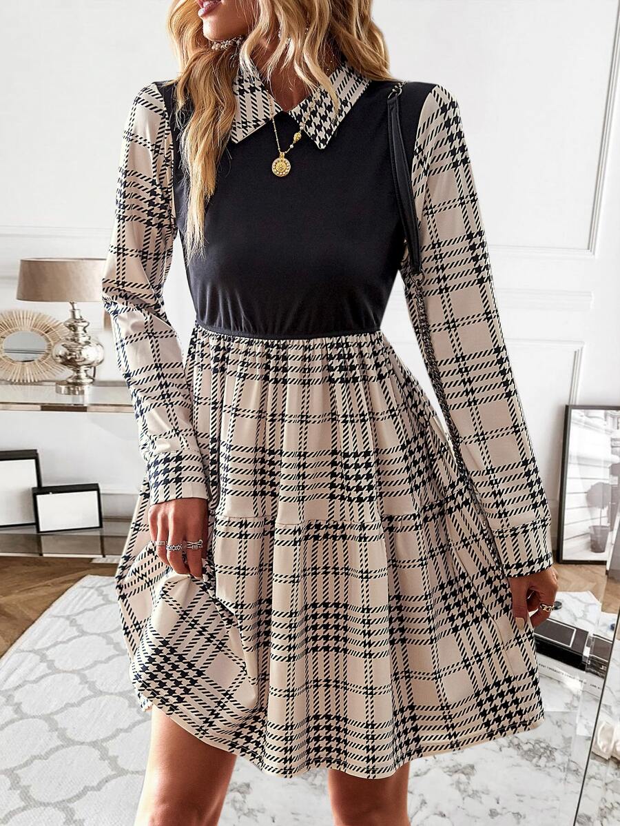 SHEIN Privé Plaid Print Ruffle Hem Dress - Apricot - View 1