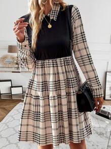 SHEIN Privé Plaid Print Ruffle Hem Dress - Apricot - View 4