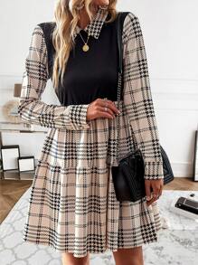 SHEIN Privé Plaid Print Ruffle Hem Dress - Apricot - View 5