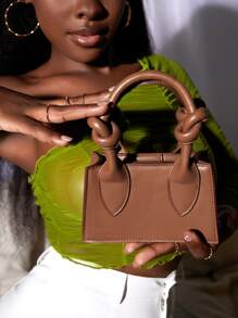 SHEIN SXY Mini Knot Decor Double Handle Square Bag - Brown - View 2