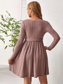 SHEIN Maternity Overlap Collar Belted Dress - Dusty Pink - View 2