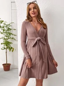 SHEIN Maternity Overlap Collar Belted Dress - Dusty Pink - View 4