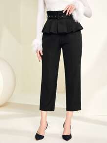 Modelyn Ruffle Trim Belted Trousers - Black - View 1
