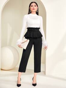 Modelyn Ruffle Trim Belted Trousers - Black - View 4