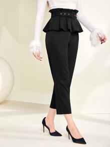 Modelyn Ruffle Trim Belted Trousers - Black - View 5