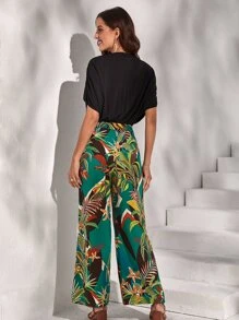 SHEIN VCAY Batwing Sleeve Bodysuit & Tropical Print Trousers - Multicolor - View 2