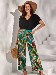 SHEIN VCAY Batwing Sleeve Bodysuit & Tropical Print Trousers - Multicolor - View 1