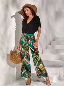 SHEIN VCAY Batwing Sleeve Bodysuit & Tropical Print Trousers - Multicolor - View 6