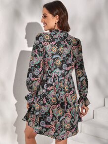 SHEIN VCAY 佩斯利印花荷葉袖繫帶領連衣裙 - 彩色 - 查看 2