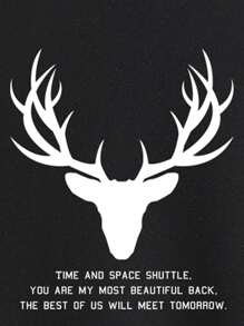 Manfinity Homme Loose Fit Men's Deer & Slogan Graphic Thermal Pullover - Black - View 2