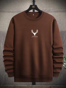 Manfinity Homme Hombres Sudadera ciervo & con estampado de slogan con forro térmico - Café integral - Ver 1