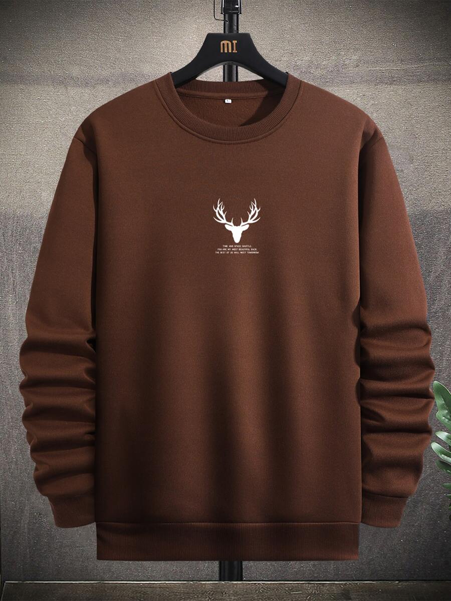 Manfinity Homme Hombres Sudadera ciervo & con estampado de slogan con forro térmico - Café integral - Ver 1