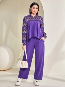 Mulvari con estampado de cheurón con cordón Capucha & con bolsillo oblicuo Pantalones - Morado Violeta - Ver 1