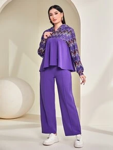 Mulvari con estampado de cheurón con cordón Capucha & con bolsillo oblicuo Pantalones - Morado Violeta - Ver 2