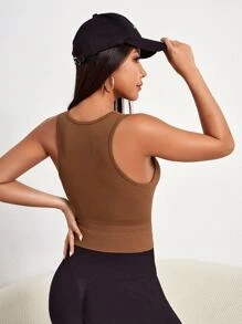 SHEIN Daily&Casual Ribbed Knit Sports Tank Top - Coffee Brown - View 3