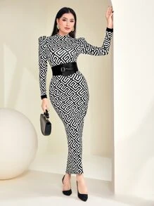 Modelyn Geo Print Puff Sleeve Bodycon Dress With Belt - Black and White - View 1
