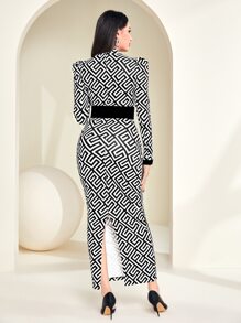 Modelyn Geo Print Puff Sleeve Bodycon Dress With Belt - Black and White - View 2