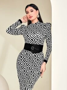 Modelyn Geo Print Puff Sleeve Bodycon Dress With Belt - Black and White - View 3