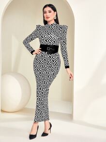 Modelyn Geo Print Puff Sleeve Bodycon Dress With Belt - Black and White - View 5