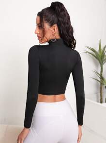 Solid Zip Up Crop Sports Jacket - Black - View 3