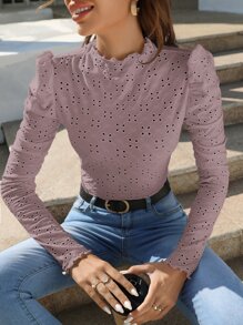 SHEIN Privé 網眼刺繡泡泡袖木耳邊T恤 - 藕粉色 - 查看 1