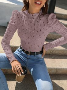 SHEIN Privé 網眼刺繡泡泡袖木耳邊T恤 - 藕粉色 - 查看 5