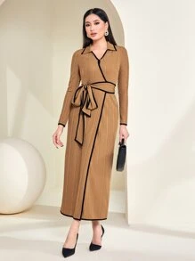 Modelyn Contrast Binding Belted Dress - Camel - View 3