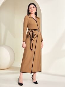 Modelyn Contrast Binding Belted Dress - Camel - View 1