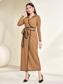 Modelyn Contrast Binding Belted Dress - Camel - View 5