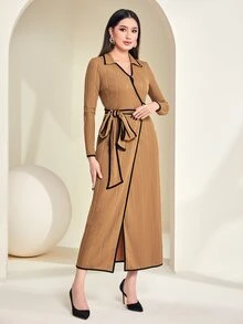Modelyn Contrast Binding Belted Dress - Camel - View 6
