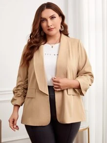 SHEIN LUNE Blazer de cuello esmoquin de manga fruncido - Caqui - Ver 1