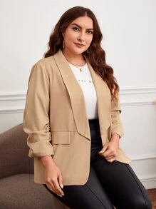 SHEIN LUNE Blazer de cuello esmoquin de manga fruncido - Caqui - Ver 4