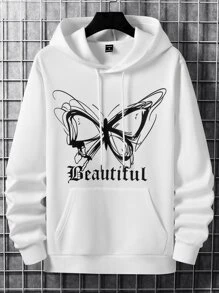 Manfinity Men Letter & Butterfly Print Kangaroo Pocket Drawstring Hoodie - White - View 3