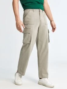 Manfinity Hombres Jeans cargo con bolsillo lateral con solapa - Caqui - Ver 3