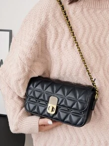 Quilted Flap Chain Square Bag - Black - View 2
