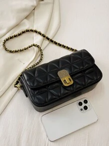 Quilted Flap Chain Square Bag - Black - View 4