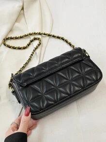 Quilted Flap Chain Square Bag - Black - View 5