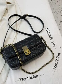 Quilted Flap Chain Square Bag - Black - View 6