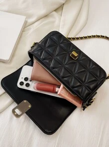 Quilted Flap Chain Square Bag - Black - View 7