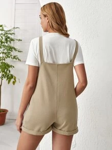 SHEIN 孕婦前紐扣反摺褲腳肩部打結背帶連體短褲不帶T恤 - 卡其色 - 查看 2