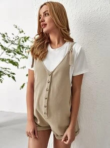 SHEIN 孕婦前紐扣反摺褲腳肩部打結背帶連體短褲不帶T恤 - 卡其色 - 查看 5