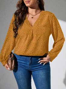 SHEIN LUNE Blusa con estampado de lunares de manga farol - Mostaza Amarilla - Ver 3