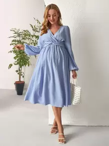 SHEIN 孕婦交疊領燈籠袖扭結腰連衣裙 - 藍色 - 查看 1