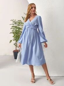 SHEIN 孕婦交疊領燈籠袖扭結腰連衣裙 - 藍色 - 查看 3
