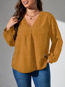 SHEIN LUNE Blusa con estampado de lunares de manga farol - Mostaza Amarilla - Ver 5