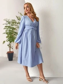 SHEIN 孕婦交疊領燈籠袖扭結腰連衣裙 - 藍色 - 查看 4