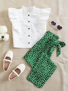 SHEIN Leap Crew 女孩荷葉邊襯衫和小碎花腰帶長褲