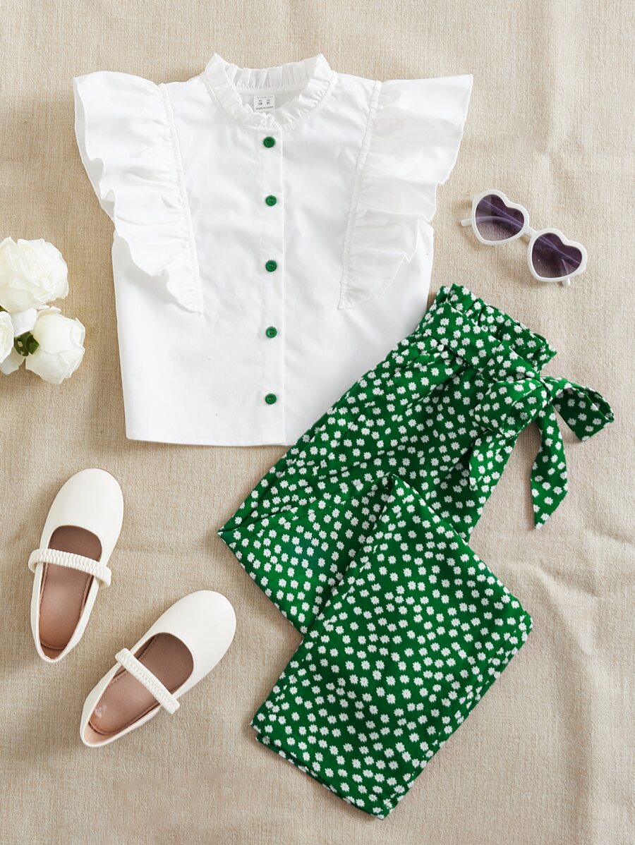 SHEIN Leap Crew 女孩荷葉邊襯衫和小碎花腰帶長褲