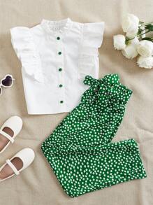 SHEIN Leap Crew 女孩荷葉邊襯衫和小碎花腰帶長褲