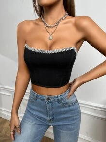 SHEIN BAE Contrast Trim Crop Tube Top - Black - View 4